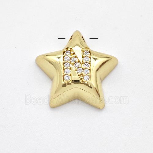 Copper Star Pendant Pave Zirconia Letter-N Large Hole Gold Plated