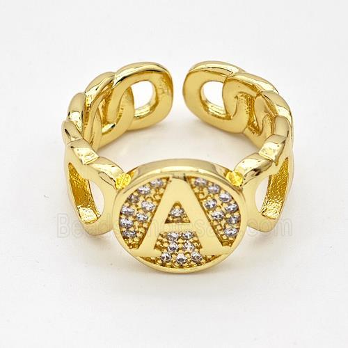 Copper Ring Pave Zirconia Letter-A Gold Plated