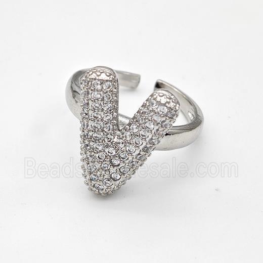 Copper Ring Pave Zirconia Letter-V Platinum Plated