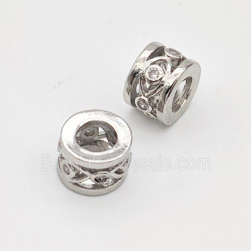 Copper Tube Beads Pave Zirconia Hollow Large Hole Platinum Plated