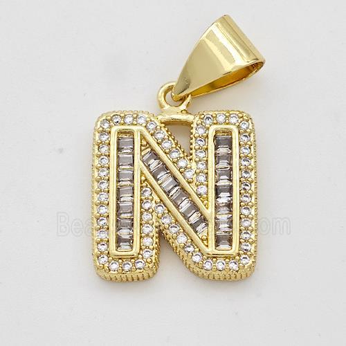 Copper Pendant Pave Zirconia Letter-N Gold Plated