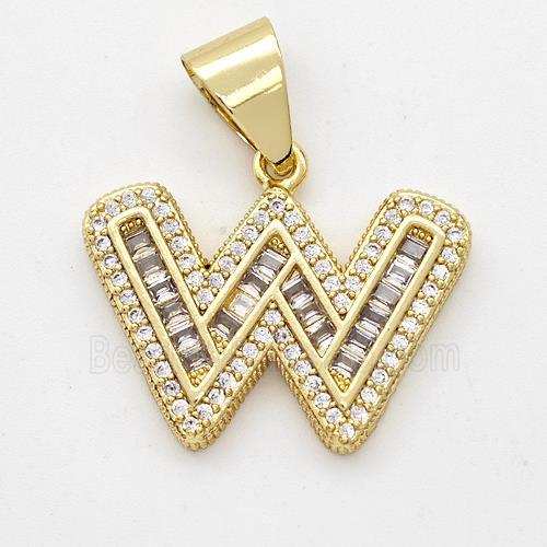 Copper Pendant Pave Zirconia Letter-W Gold Plated