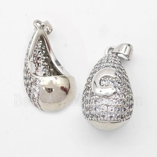 Copper Teardrop Pendant Pave Zirconia Letter-C Hollow Platinum Plated