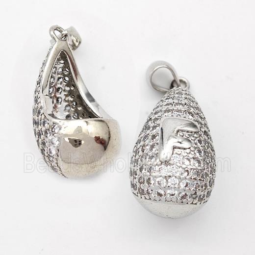 Copper Teardrop Pendant Pave Zirconia Letter-F Hollow Platinum Plated