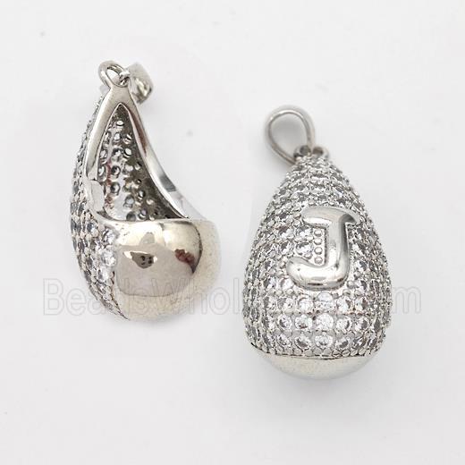 Copper Teardrop Pendant Pave Zirconia Letter-J Hollow Platinum Plated