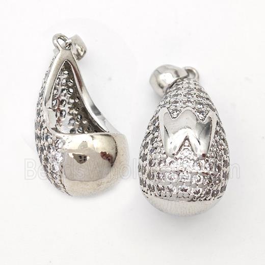 Copper Teardrop Pendant Pave Zirconia Letter-W Hollow Platinum Plated