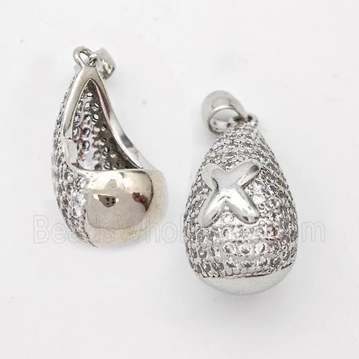 Copper Teardrop Pendant Pave Zirconia Letter-X Hollow Platinum Plated