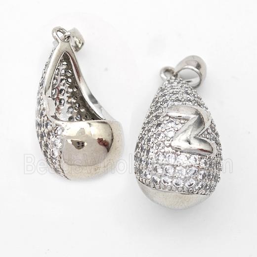 Copper Teardrop Pendant Pave Zirconia Letter-Z Hollow Platinum Plated