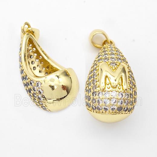 Copper Teardrop Pendant Pave Zirconia Letter-M Hollow Gold Plated