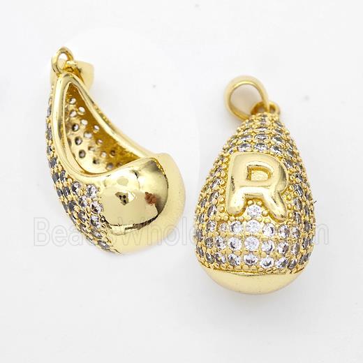 Copper Teardrop Pendant Pave Zirconia Letter-R Hollow Gold Plated