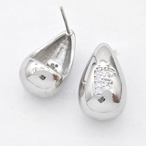 Copper Teardrop Stud Earring Pave Zirconia Letter-F Platinum Plated