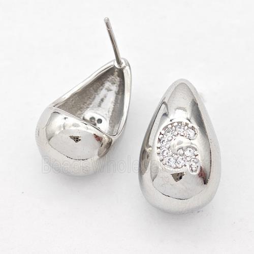 Copper Teardrop Stud Earring Pave Zirconia Letter-G Platinum Plated