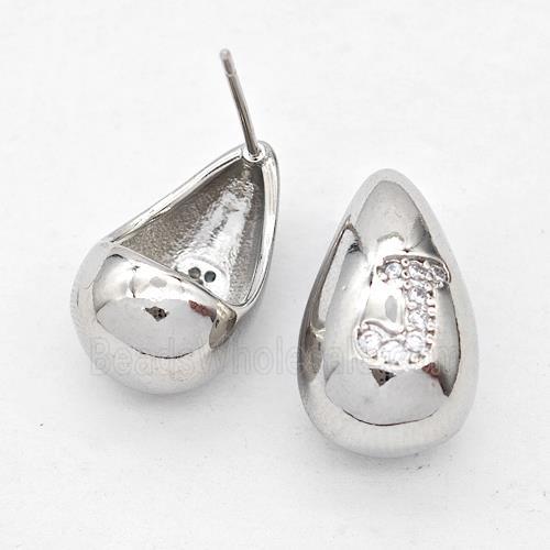 Copper Teardrop Stud Earring Pave Zirconia Letter-J Platinum Plated