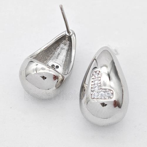 Copper Teardrop Stud Earring Pave Zirconia Letter-L Platinum Plated