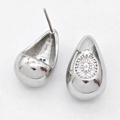 Copper Teardrop Stud Earring Pave Zirconia Letter-O Platinum Plated