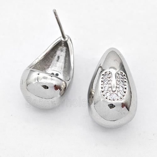 Copper Teardrop Stud Earring Pave Zirconia Letter-U Platinum Plated