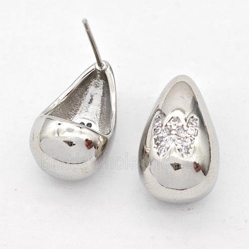 Copper Teardrop Stud Earring Pave Zirconia Letter-W Platinum Plated