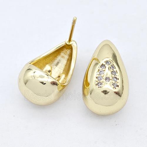 Copper Teardrop Stud Earring Pave Zirconia Letter-A Gold Plated