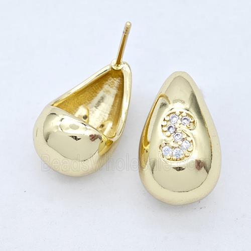 Copper Teardrop Stud Earring Pave Zirconia Letter-S Gold Plated