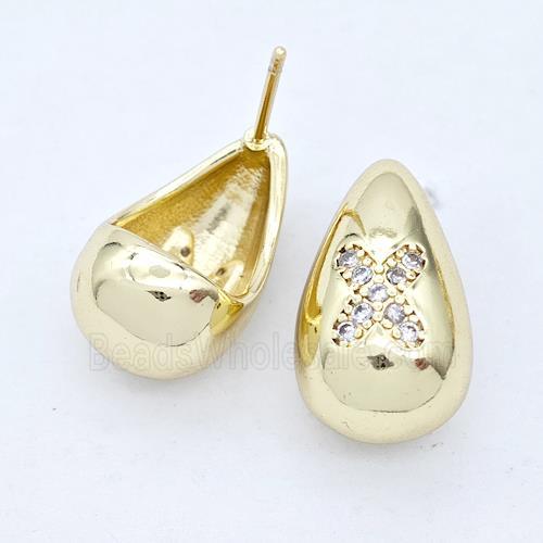 Copper Teardrop Stud Earring Pave Zirconia Letter-X Gold Plated