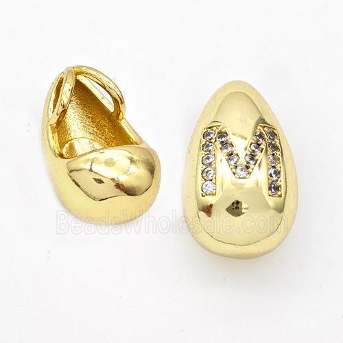 Copper Teardrop Pendant Pave Zirconia Letter-M Gold Plated