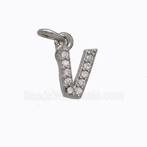Copper Pendant Pave Zirconia Letter-V Platinum Plated