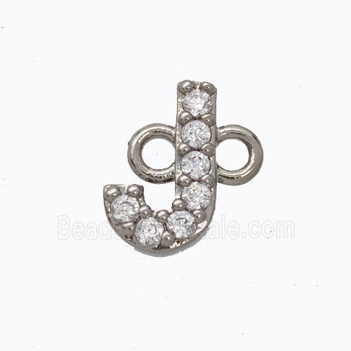 Copper Connector Pave Zirconia Letter-J Platinum Plated