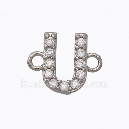 Copper Connector Pave Zirconia Letter-U Platinum Plated