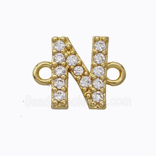 Copper Connector Pave Zirconia Letter-N Gold Plated
