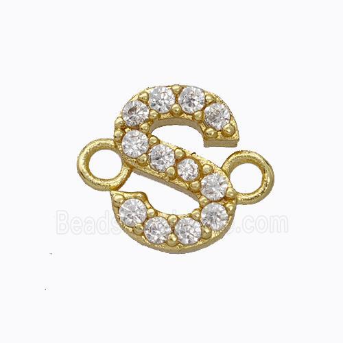 Copper Connector Pave Zirconia Letter-S Gold Plated