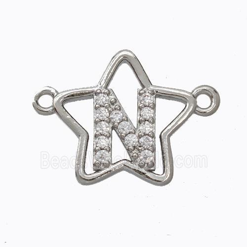 Copper Star Pendant Pave Zirconia Letter-N Platinum Plated