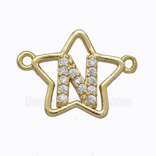 Copper Star Pendant Pave Zirconia Letter-N Gold Plated