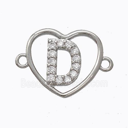 Copper Heart Connector Pave Zirconia Letter-D Platinum Plated