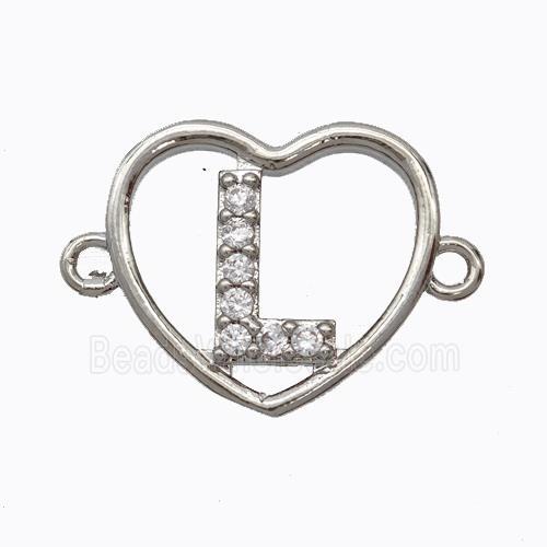 Copper Heart Connector Pave Zirconia Letter-L Platinum Plated