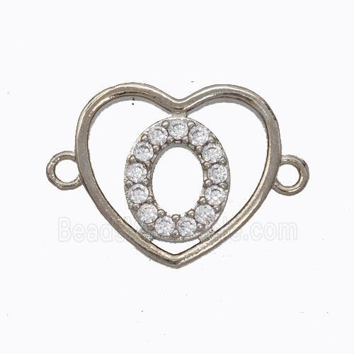 Copper Heart Connector Pave Zirconia Letter-O Platinum Plated