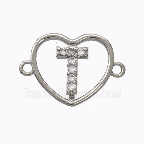 Copper Heart Connector Pave Zirconia Letter-T Platinum Plated