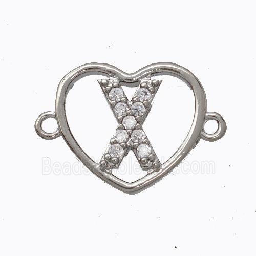 Copper Heart Connector Pave Zirconia Letter-X Platinum Plated