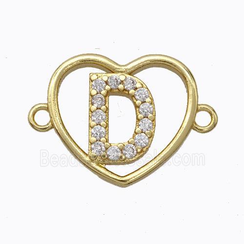 Copper Heart Connector Pave Zirconia Letter-D Gold Plated