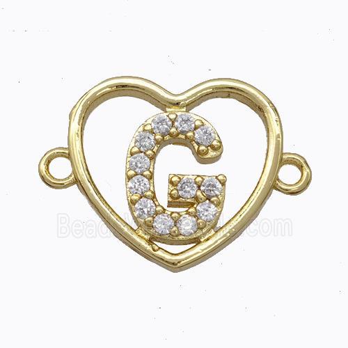 Copper Heart Connector Pave Zirconia Letter-G Gold Plated