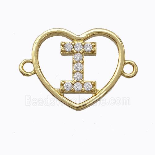 Copper Heart Connector Pave Zirconia Letter-I Gold Plated