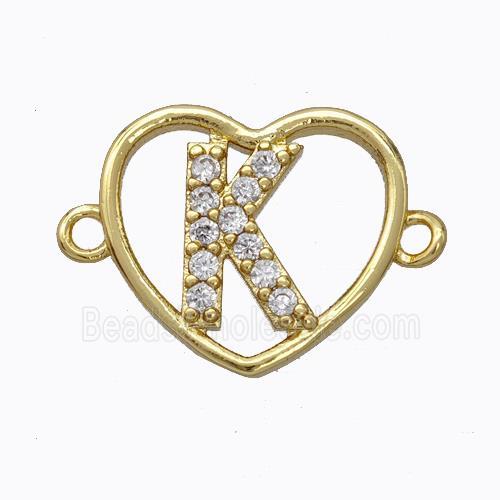 Copper Heart Connector Pave Zirconia Letter-K Gold Plated