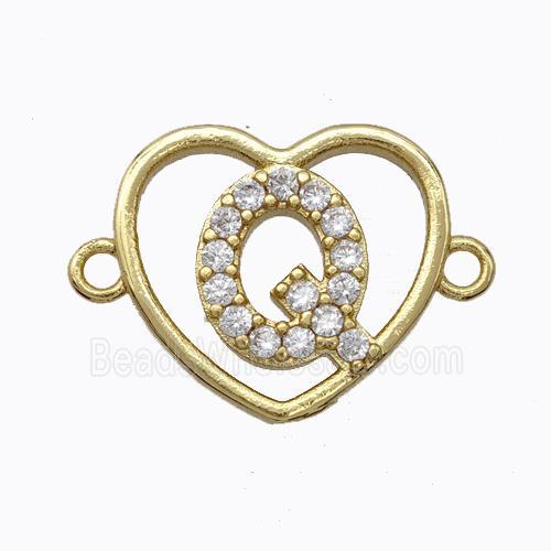 Copper Heart Connector Pave Zirconia Letter-Q Gold Plated