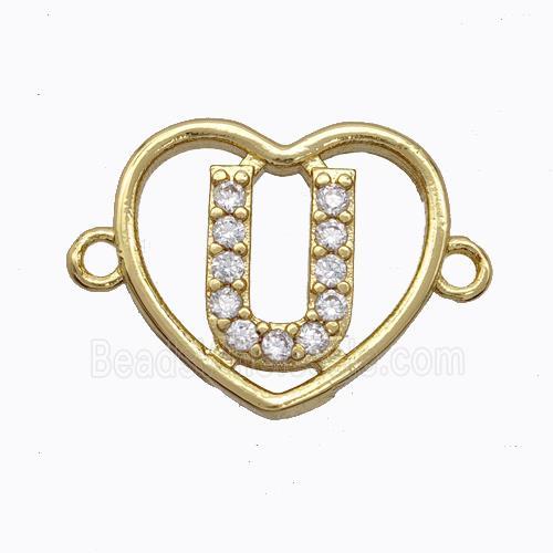 Copper Heart Connector Pave Zirconia Letter-U Gold Plated