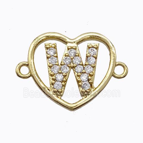 Copper Heart Connector Pave Zirconia Letter-W Gold Plated