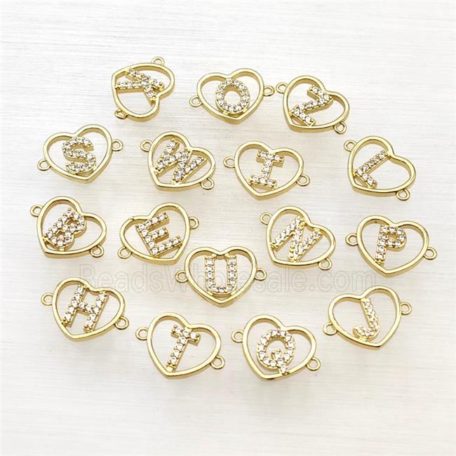 Copper Heart Alphabet Connector Pave Zirconia Mix Letters Gold Plated