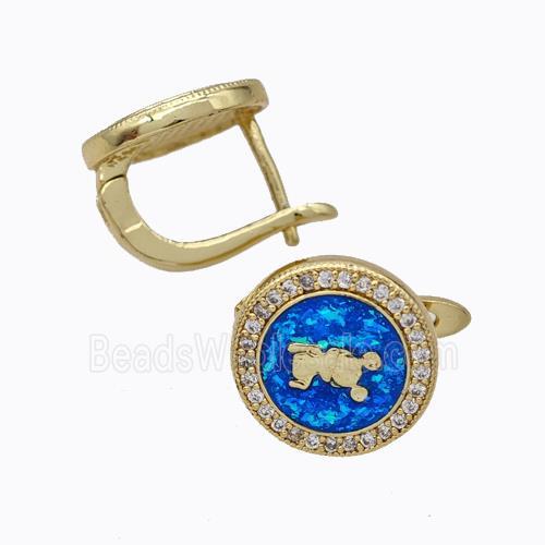 Copper Circle Latchback Earrings Pave Zirconia Blue Fire Opal 18K Gold Plated