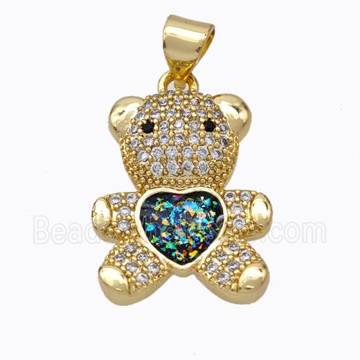 Copper Bear Pendant Micropave Zirconia Multicolor Fire Opal Heart 18K Gold Plated