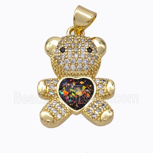 Copper Bear Pendant Micropave Zirconia Multicolor Fire Opal Heart 18K Gold Plated