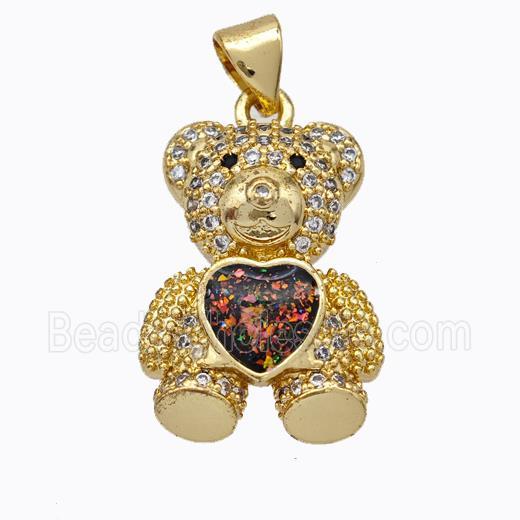 Copper Bear Pendant Micropave Zirconia Fire Opal Heart 18K Gold Plated
