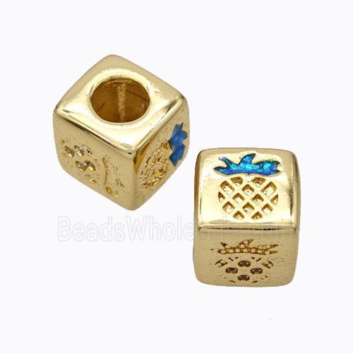 Copper Cube Beads Pave Zirconia Fire Opal Pineapple Large Hole 18K Gold Plated